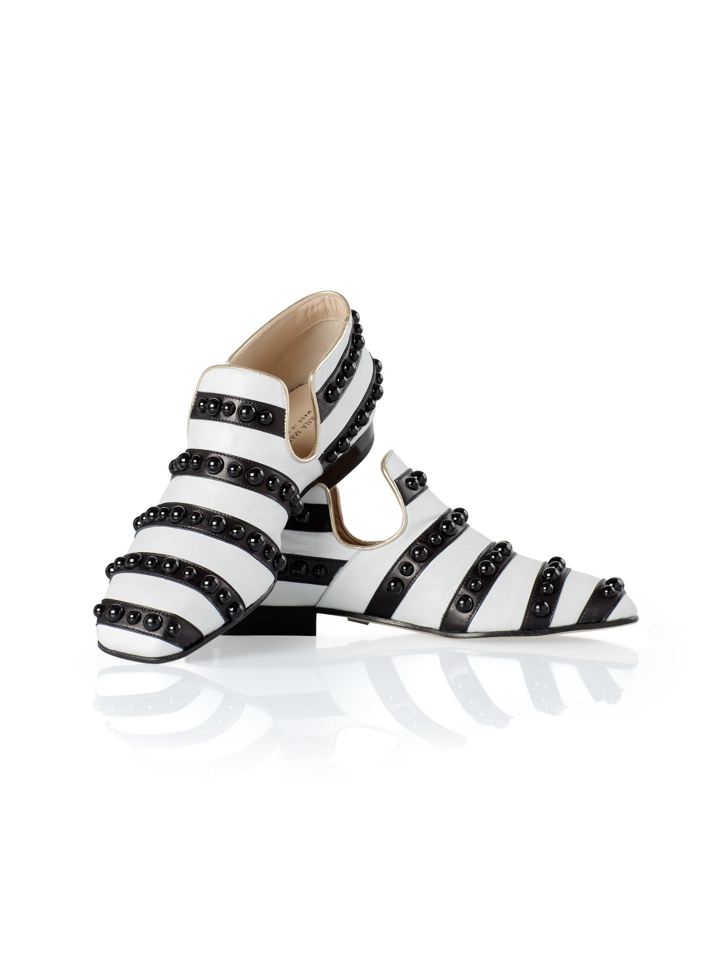 Iris Studs Flat in Black & White stripes & studs