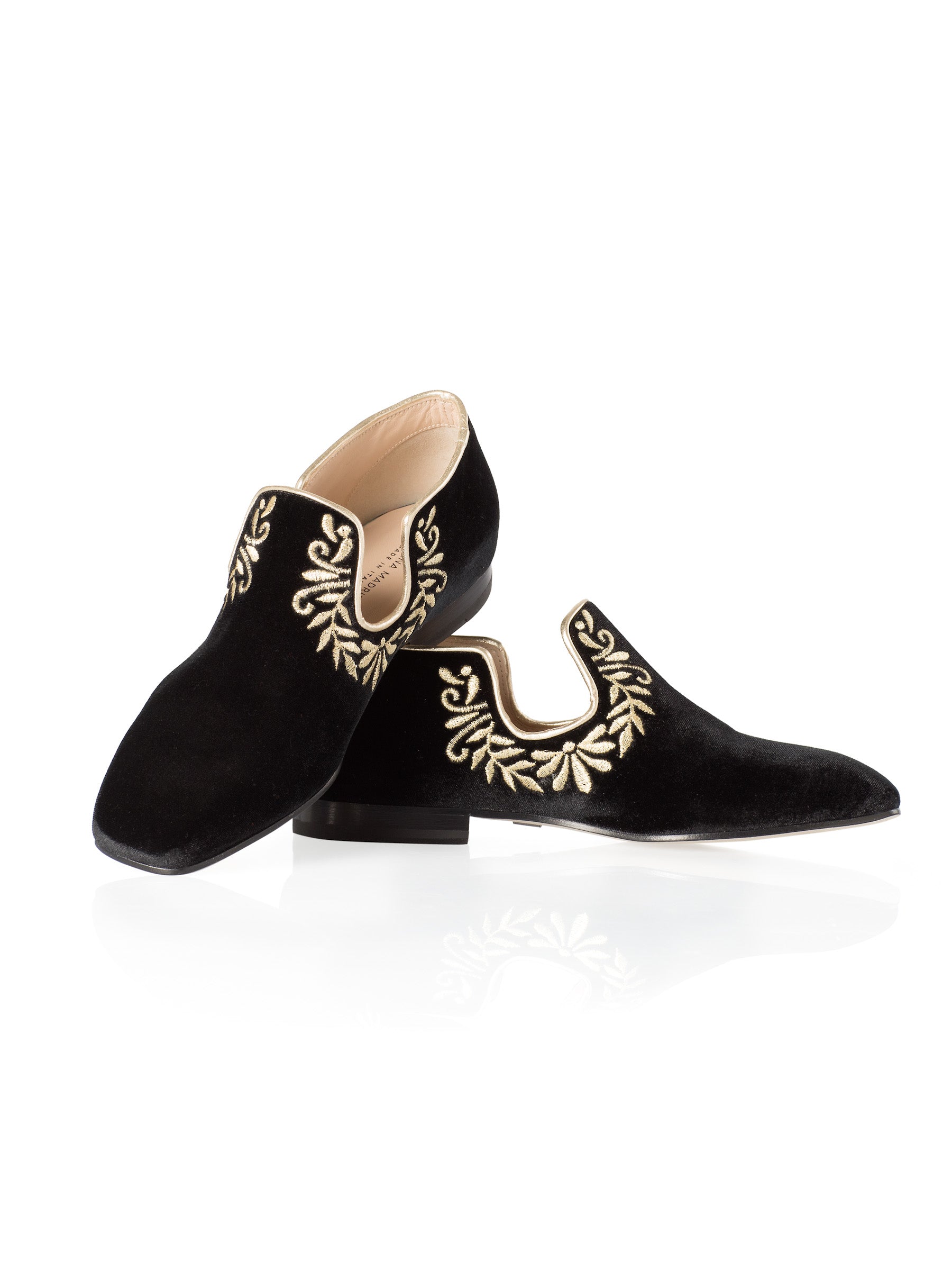 Iris Flat in Black Velvet & Gold Embroidery