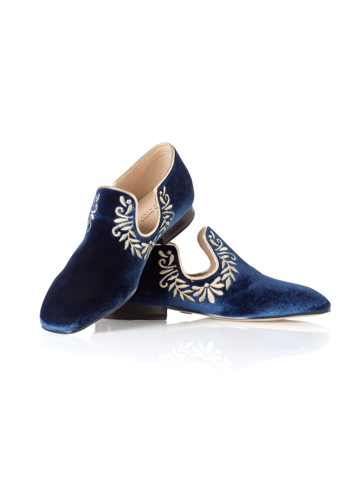 Iris Flat in Blue Velvet & Gold Embroidery