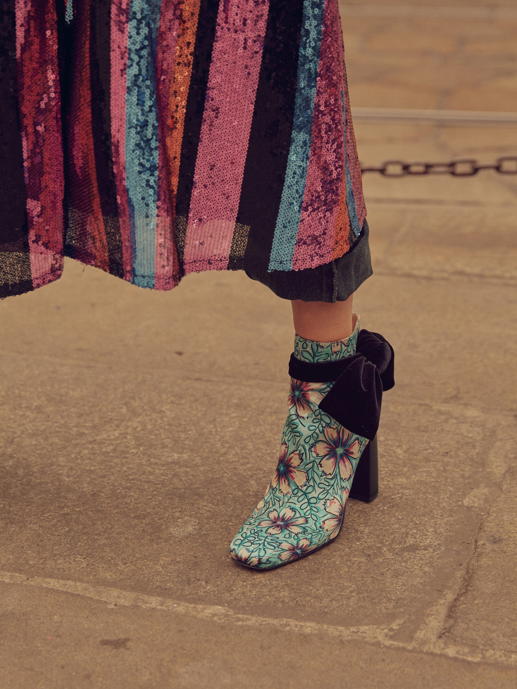 Flora Bootie in Floral Satin Print & Black Velvet Bow