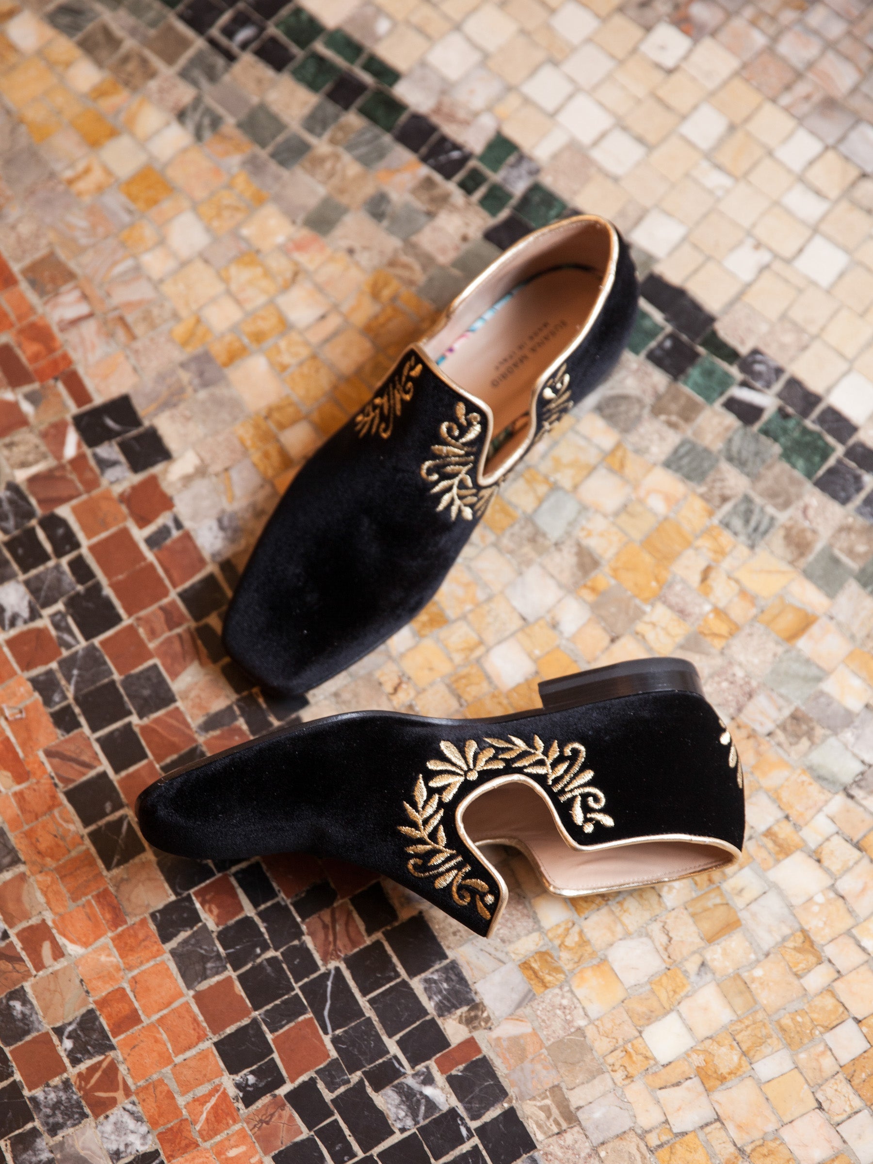 Iris Flat in Black Velvet & Gold Embroidery